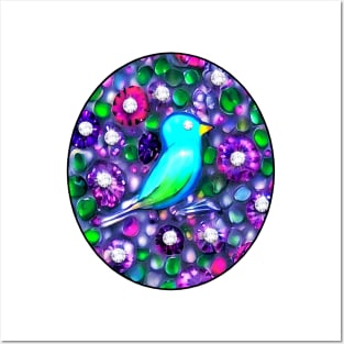 Blue Bird, Flowers and Gems Posters and Art